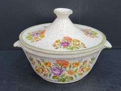 (Q) Floral Patterned Ceramic Three Piece Fondue Set