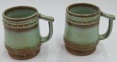 (Q) Frankoma Pottery Green & Brown Mugs