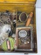 Vintage Tin Box Full Of Vintage Clock & Toy Parts