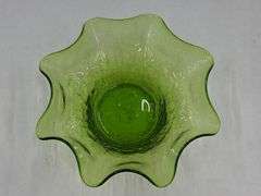 (Q) Blenko Olive Green Crackled Glass Ruffle Bowl And Olive Green Seeded Glass Bottle