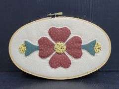(Q) Quilted Flowers Applique Hand Stitched And Displayed In Embroidery Hoops