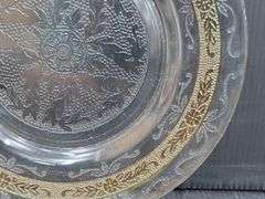 (Q) Three Macbeth-Evans Stippled Rose Band Clear Glass Plates With Hold Band