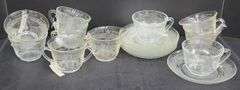 (Q) Macbeth l-Evans Stippled Rose Band Clear Depression Glass Teacups, Saucers, Sugar And Creamer
