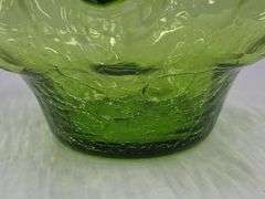 (Q) Blenko Olive Green Crackled Glass Ruffle Bowl And Olive Green Seeded Glass Bottle