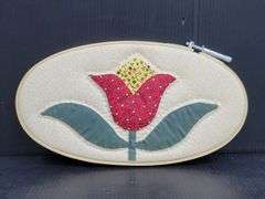 (Q) Quilted Flowers Applique Hand Stitched And Displayed In Embroidery Hoops