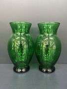 (Q) FTD Emerald Glass Vase 1978, 2 Medium Emerald Glass Vases And 1 Thin Light Green Vase