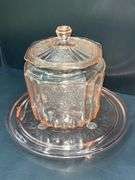 (Q) Pink Depression Glass - Anchor Hocking Open Rose Pattern - Cookie Jar W/ Lid & Footed Cake Plate