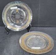 (Q) Three Macbeth-Evans Stippled Rose Band Clear Glass Plates With Hold Band