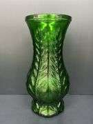 (Q) FTD Emerald Glass Vase 1978, 2 Medium Emerald Glass Vases And 1 Thin Light Green Vase