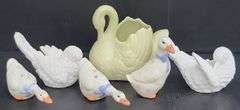 (Q) Vintage Red Wing Pottery Swan Planter, 3 Duck Salt And Pepper Shakers & 2 White Alabaster Doves