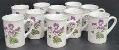 (Q) Set Of 10 Fannie May Coffee Mugs With Purple And White Pansies