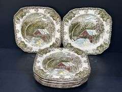 (Q) 8 Covered Bridge Pattern Salad Plates From The Friendly Village Johnson Bros Collection