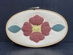 (Q) Quilted Flowers Applique Hand Stitched And Displayed In Embroidery Hoops