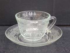 (Q) Macbeth l-Evans Stippled Rose Band Clear Depression Glass Teacups, Saucers, Sugar And Creamer