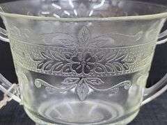 (Q) Macbeth l-Evans Stippled Rose Band Clear Depression Glass Teacups, Saucers, Sugar And Creamer