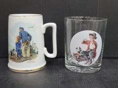 (Q) Norman Rockwell Mug And Rocks Glass, Hall Mug And Small Clear Juice Glasses