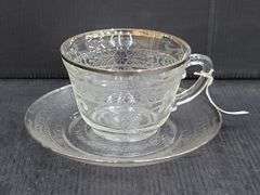 (Q) Macbeth-Evans Stippled Rose Band Pattern Clear Depression Glass Teacups & Saucers With Platinum Trim