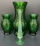 (Q) FTD Emerald Glass Vase 1978, 2 Medium Emerald Glass Vases And 1 Thin Light Green Vase