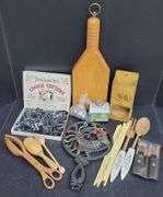 (Q) Pennsylvania Dutch Cookie Cutters, Chopsticks, Cast Iron Trivet Featuring Rooster, Etc