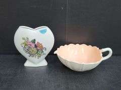 (Q) China 50th Anniv Footed Candy Dish, Crystal & Silverplate Pedestal Bowl, Porcelain Heart Vase, Etc