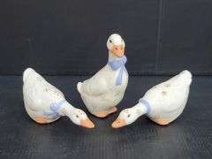 (Q) Vintage Red Wing Pottery Swan Planter, 3 Duck Salt And Pepper Shakers & 2 White Alabaster Doves