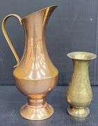 (Q) Small Brass Vase With Floral Design And Copper Pitcher