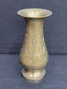 (Q) Small Brass Vase With Floral Design And Copper Pitcher