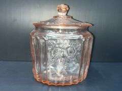 (Q) Pink Depression Glass - Anchor Hocking Open Rose Pattern - Cookie Jar W/ Lid & Footed Cake Plate