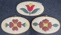 (Q) Quilted Flowers Applique Hand Stitched And Displayed In Embroidery Hoops