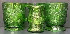 (Q) Two Mosser Glass Mugs with the "Robin in a Tree" Pattern And A Small Fidenza Vase