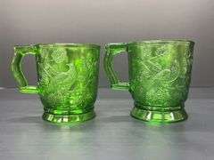 (Q) Two Mosser Glass Mugs with the "Robin in a Tree" Pattern And A Small Fidenza Vase