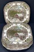 (Q) 8 Covered Bridge Pattern Salad Plates From The Friendly Village Johnson Bros Collection