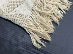(Q) Hand Crafted Cream Knit Bedspread With Fringed Edges