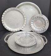 (Q) Vintage Hand-Wrought Aluminum Serving Trays And Plates With Floral Designs