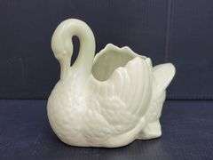(Q) Vintage Red Wing Pottery Swan Planter, 3 Duck Salt And Pepper Shakers & 2 White Alabaster Doves