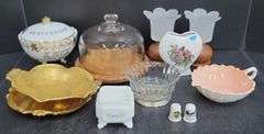 (Q) China 50th Anniv Footed Candy Dish, Crystal & Silverplate Pedestal Bowl, Porcelain Heart Vase, Etc