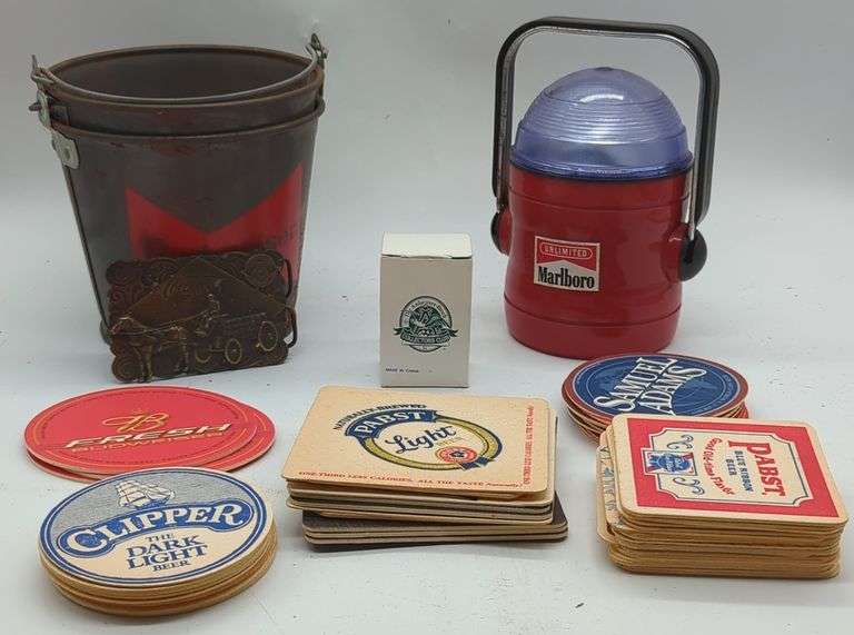 (U) Alcohol and Cigarettes advertising includes coasters, Buckets and more. Approx 7" tallest.
