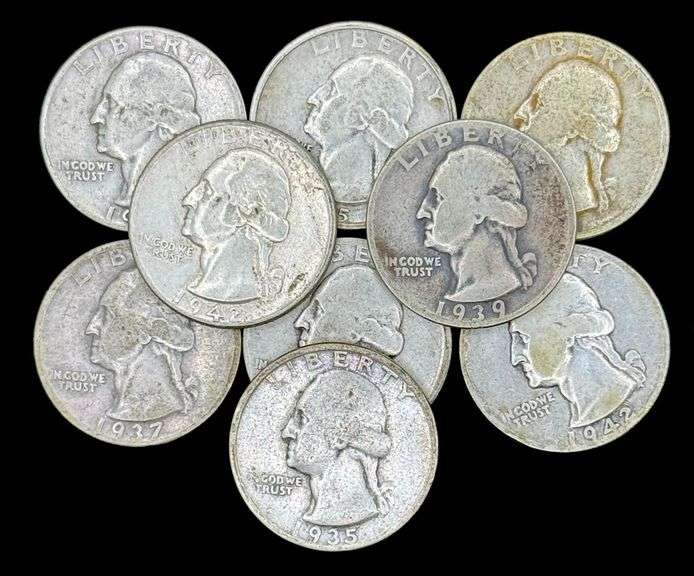 (9) 1935-1942 U.S. Silver Washington Quarter Dollars