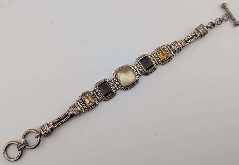 Vintage Sterling Balinesia Topaz & Citrine Toggle Bracelet