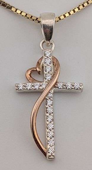 Sterling Two Tone White Sapphire Cross Pendant Necklace