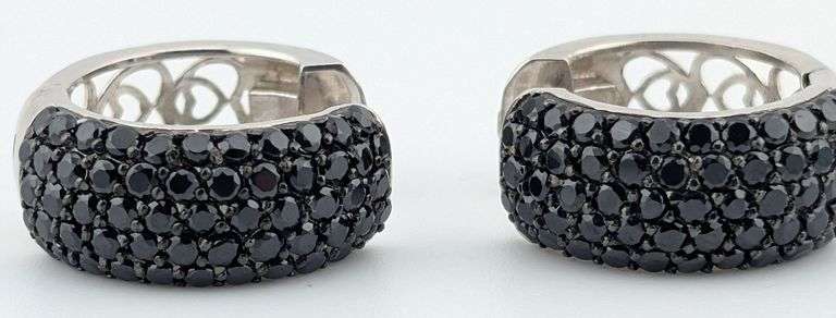 Sterling Pave Black Spinel Filigree Huggie Hoop Earrings
