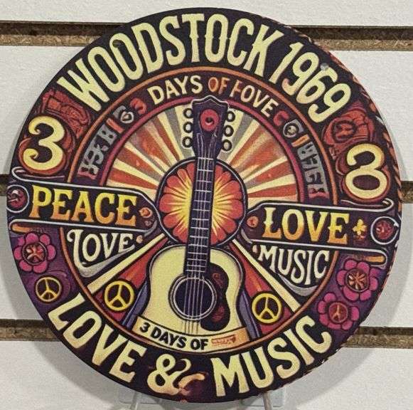 Metal 1969 WOODSTOCK Love & Music 7 3/4” Rock & Roll Sign