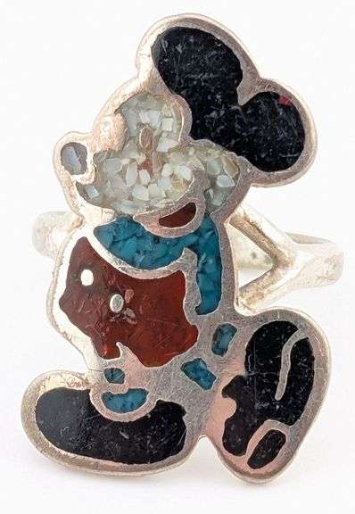 Vintage Sterling Turquoise & Coral Inlaid Mickey Mouse Ring