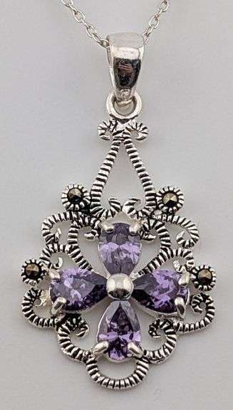 Sterling Marcasite & Amethyst Filigree Pendant Necklace