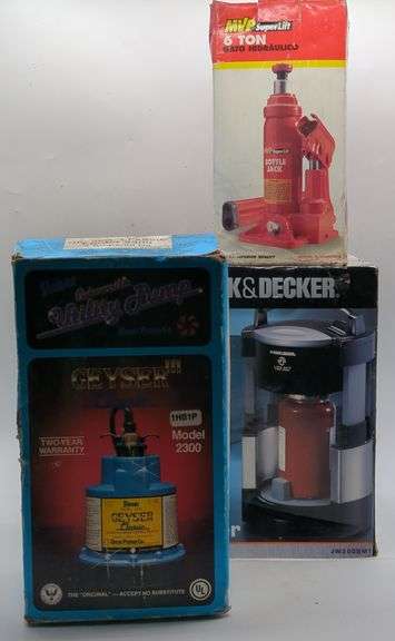 (U) Submersible Utility pump ,6 ton Bottle jack with Black and Decker can opener in boxes.