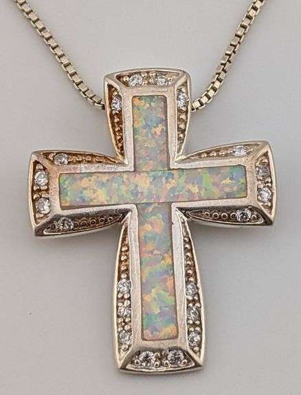Sterling Inlaid Opal & White Sapphire Cross Pendant Necklace