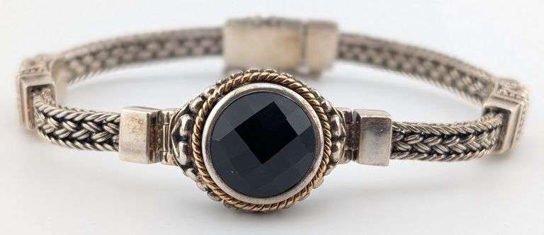 Vintage Sterling & 14K Gokd Faceted Onyx Woven Bracelet
