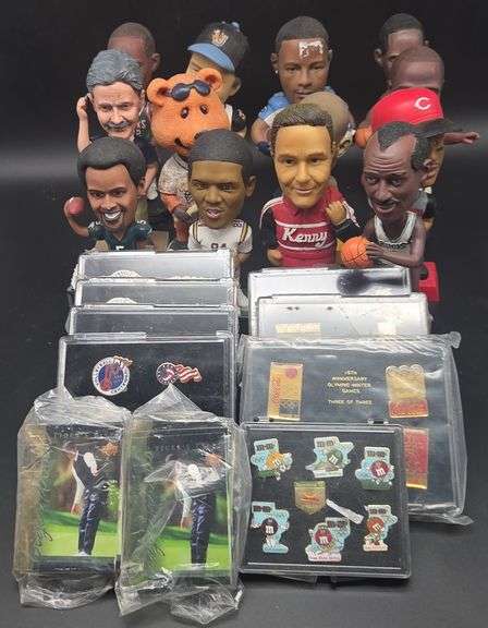 (U) Sport Themed Bobble Heads and  Variety of Collection of Pins, and Tider Tale's Upper Deck