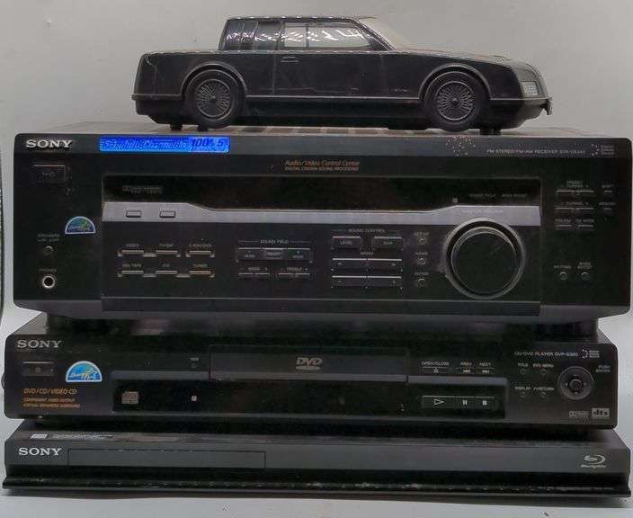 (U) Sony Audio/ Video control center model #STR- DE345, Sony CD/ Dvd player model# DVP- S360, Sony Blu-ray and DVD player model # BDP-S270 with video cassette rewinder.