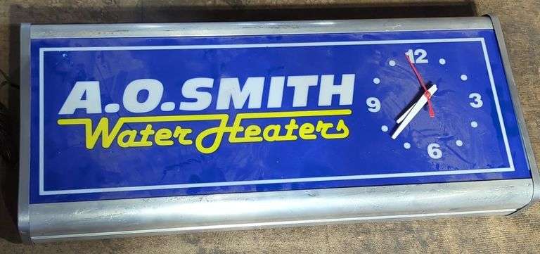 (U) A.O.Smith water Heaters advertising clock. Approx 29" x 12".